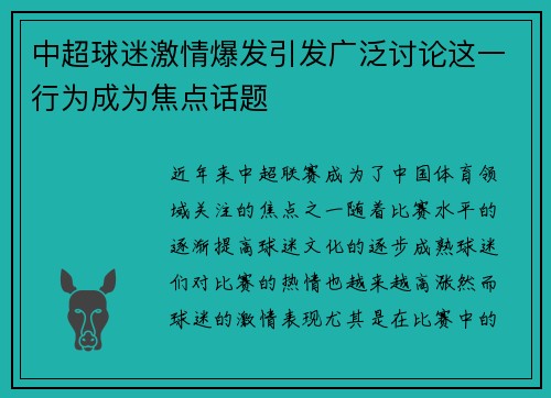 中超球迷激情爆发引发广泛讨论这一行为成为焦点话题
