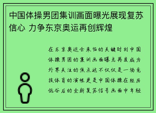 中国体操男团集训画面曝光展现复苏信心 力争东京奥运再创辉煌