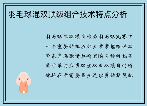 羽毛球混双顶级组合技术特点分析